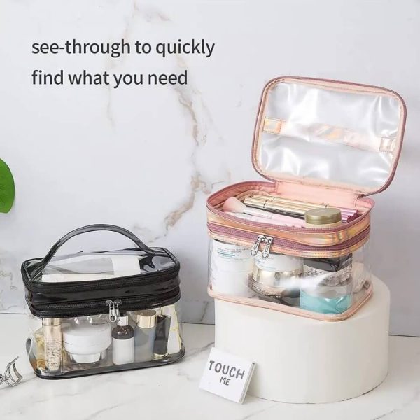 Transparent Waterproof Makeup Travel Bag Cosmetic Double Layer Pink