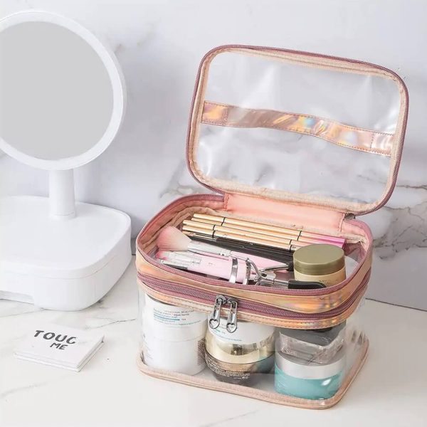 Transparent Waterproof Makeup Travel Bag Cosmetic Double Layer Pink