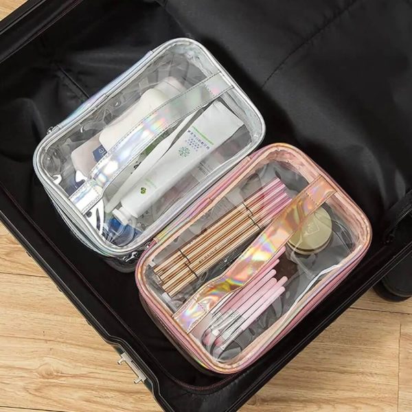 Transparent Waterproof Makeup Travel Bag Cosmetic Double Layer Pink