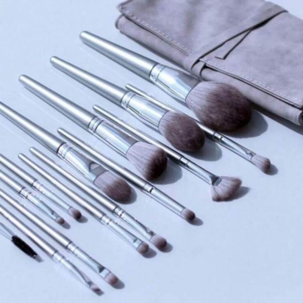 14 Gray Makeup Brushes Complete Set In A Large Leather Portable Makeup Case